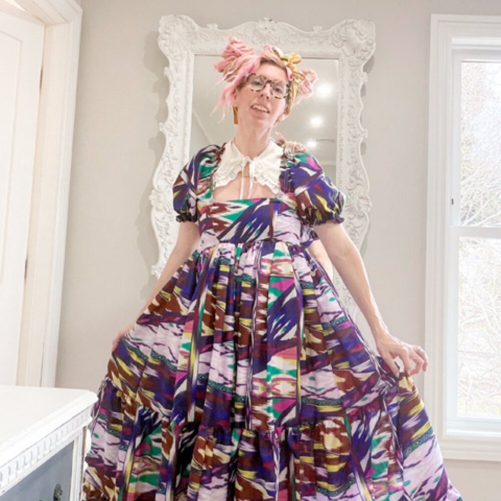 New York Couture *One of a Kind* Purple Print Puff Sleeve Maxi Dress